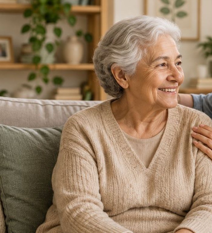 Mulher idosa sorrindo, acompanhada por uma cuidadora, em ambiente doméstico.