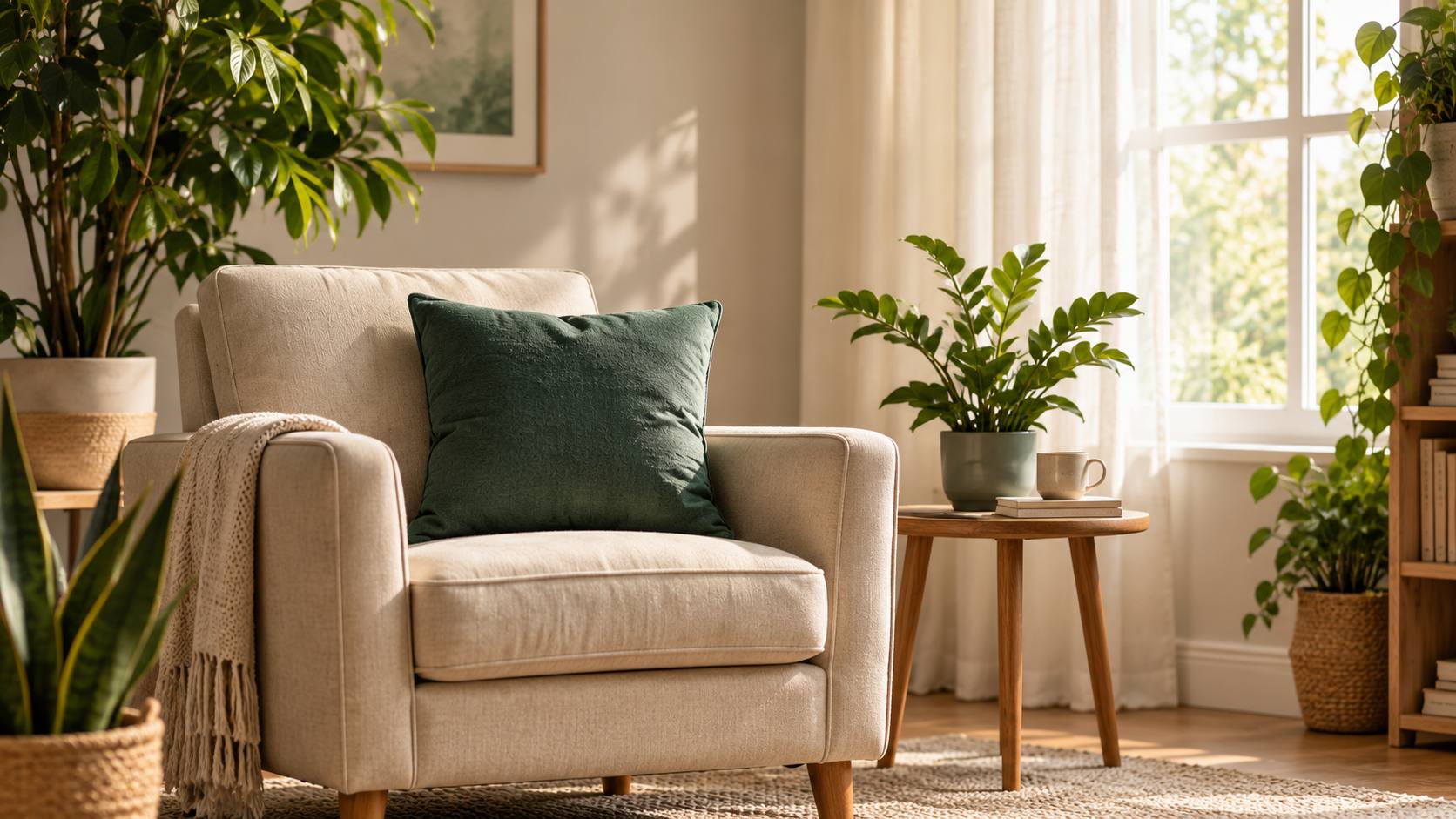 Poltrona bege em ambiente terapêutico acolhedor, com almofada verde-petróleo, plantas naturais e luz suave de janela.