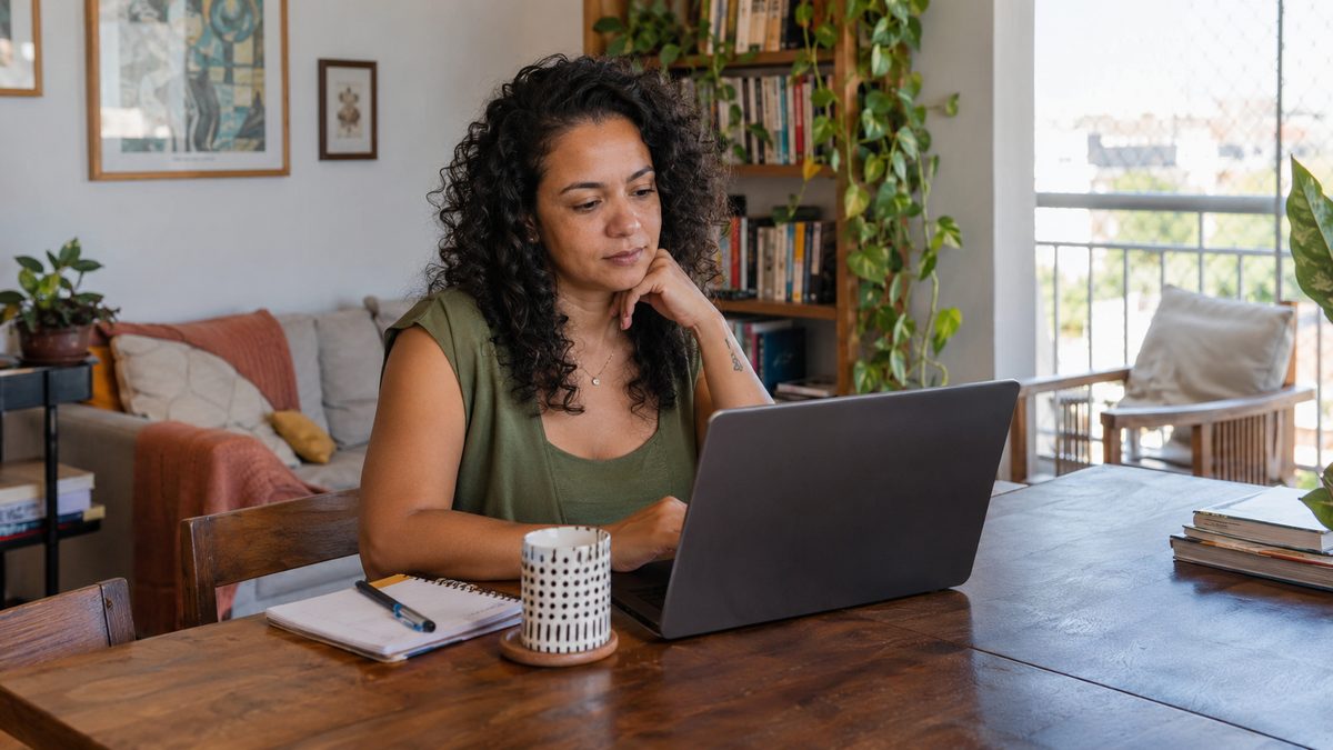 Mulher sorrindo durante sessão de psicoterapia online pelo notebook, em casa.