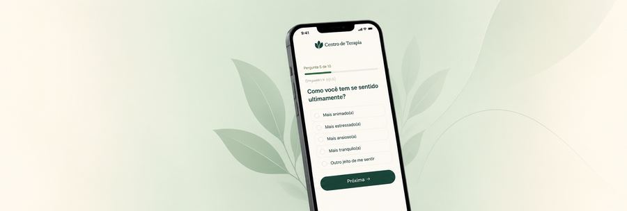 Simulação de tela de celular mostrando o questionário PerfilMente, com a pergunta 'Como você tem se sentido ultimamente?' e opções de resposta.