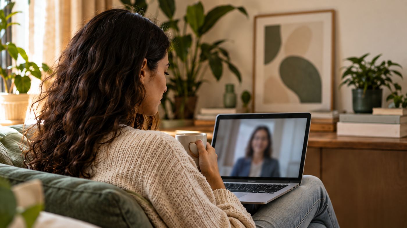 Mulher em videochamada de terapia online, sentada no sofá de casa com uma xícara de café, tela do notebook mostrando a profissional em segundo plano.